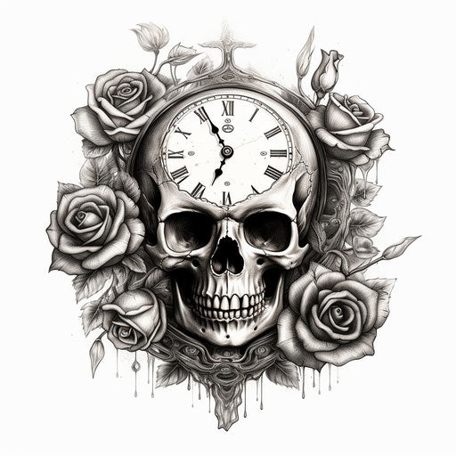 Cute clock tattoo with skull and roses
