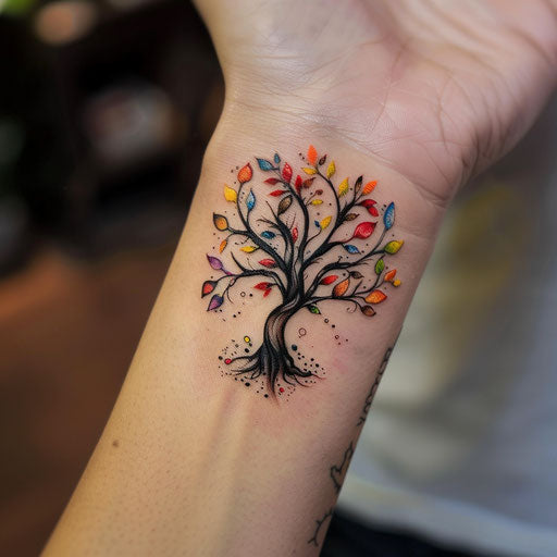 Sketch of a whimsical tree of life tattoo with colorful leaves for wrist coverup tattoo for women