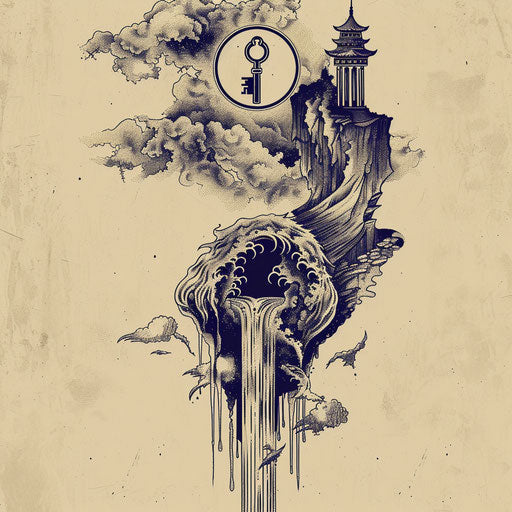 Surreal tattoo sketch of a key melting into a river