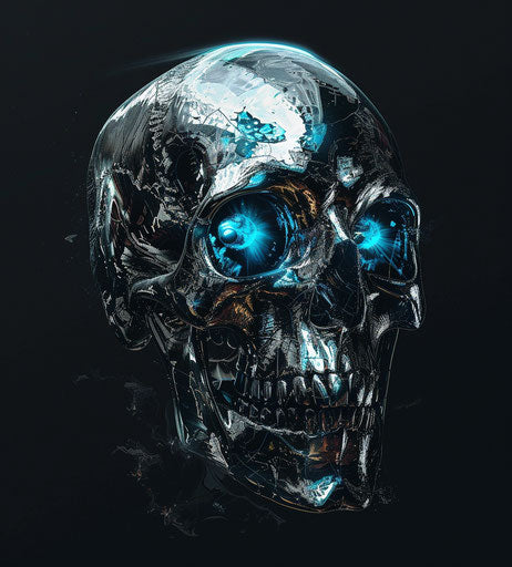 Silver skull with blue eyes on black background, ps1 style
