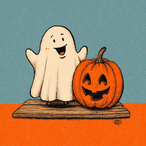 A Cheerful Cartoon Ghost with a Classic Halloween Pumpkin