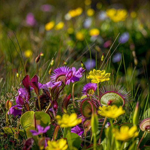 A Venus flytrap in a field of purple and yellow wildflowers