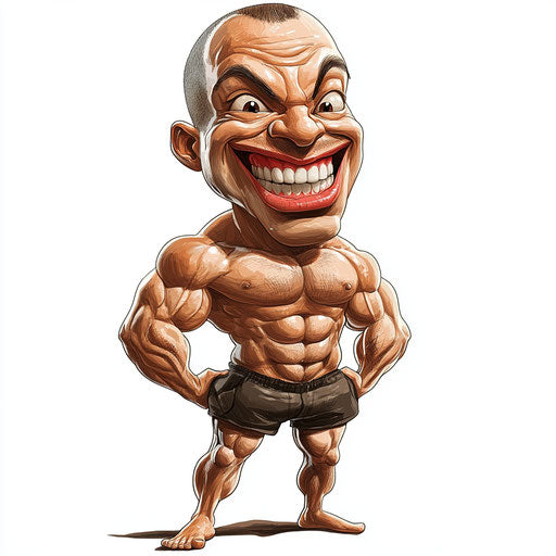 Humorous caricature of a body with human characteristics, exaggerated smiling mouth, muscular legs, vibrant colors, cartoon style, laughing, high resolution, no background, isolated