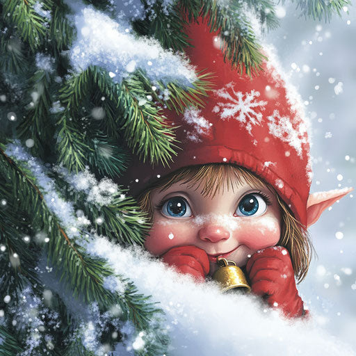 A mischievous Christmas elf behind a snowy pine tree