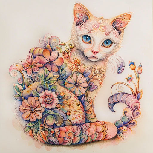 Whimsical tattoo sketch with sitting cat and floral patterns