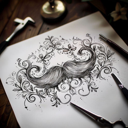 Whimsical flat tattoo sketch of a mustache styled with barber tools