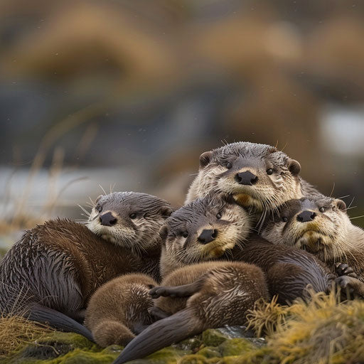 Family of otters cuddled up on the riverbank at dusk