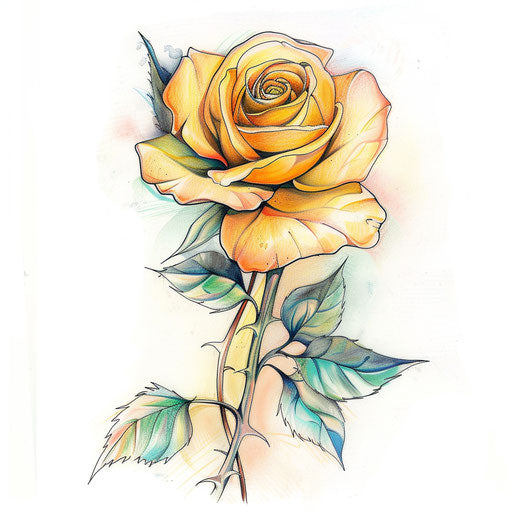 Lovely flat tattoo sketch of a yellow rose with soft pastel tones and whimsical style