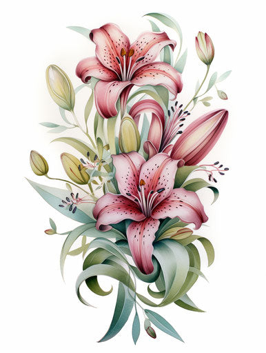 Beautiful tattoo ink drawing of pink and green lilies