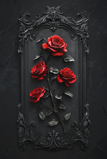 Red roses on black background, 3D vector art, dark fantasy style