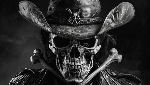 Skull with cowboy hat and crossed bones, captivating poetcore style 37:21
