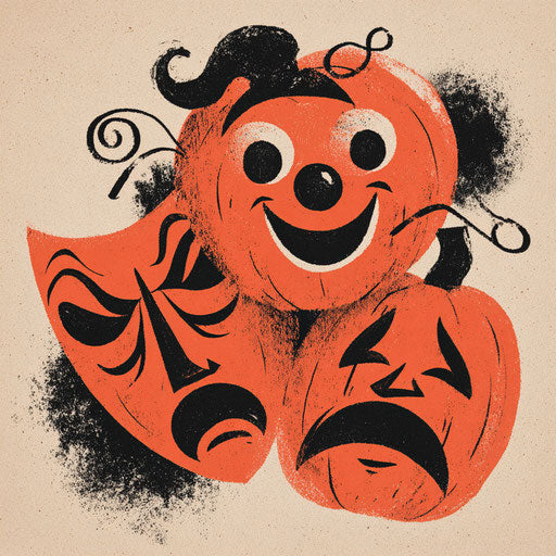 Joyful and sad masks beside the jack-o'-lantern