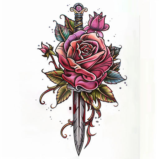 Tattoo sketch of a Chicano art rose with dagger, vibrant and detailed