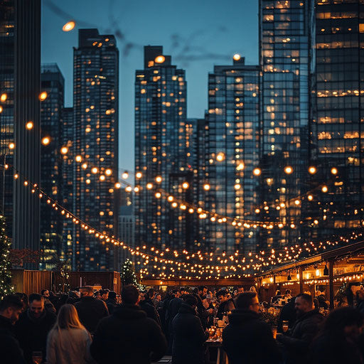 City rooftop view during a holiday party