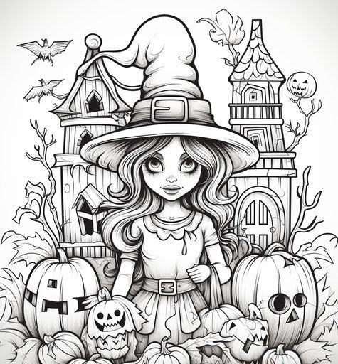 Halloween house coloring pages for kids a witch and her ghosts with a house and pumpkins in the autumn day