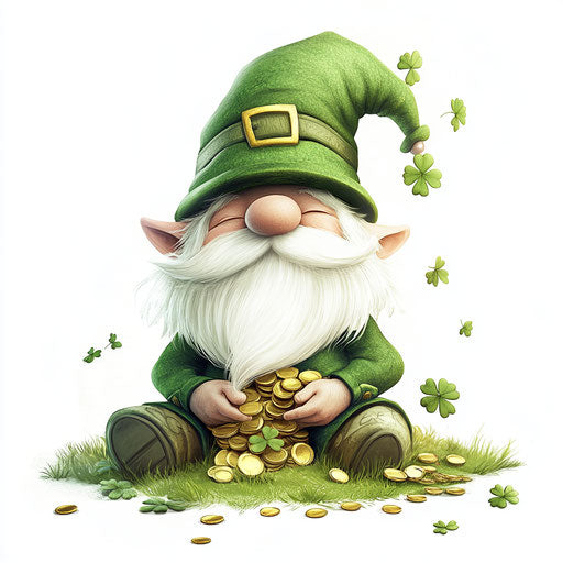 St. Patrick's Day, gnome with hat full of clovers and gold