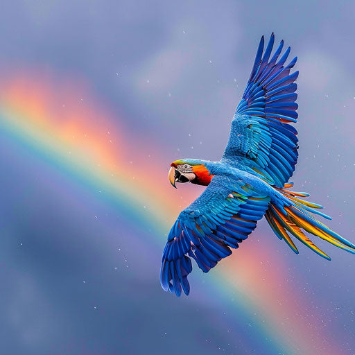 A Spix's macaw flying with a rainbow