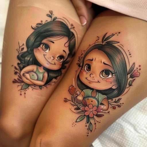 Mother and daughter tattoos with cartoon flair, like Steve Sack
