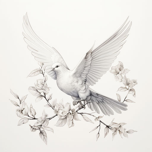 Black and white drawing of a dove with a branch