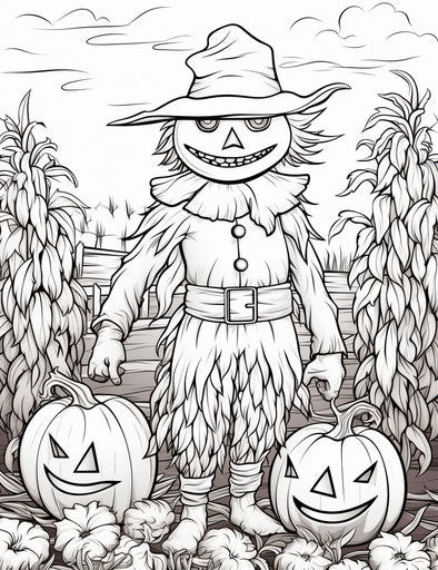 Scarecrow by corn and pumpkin coloring page