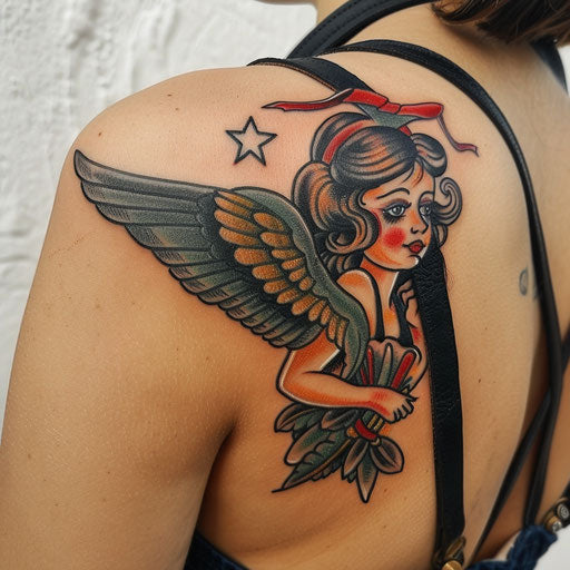 Spiritual tattoos of a guardian angel, Sailor Jerry style, shoulder blade