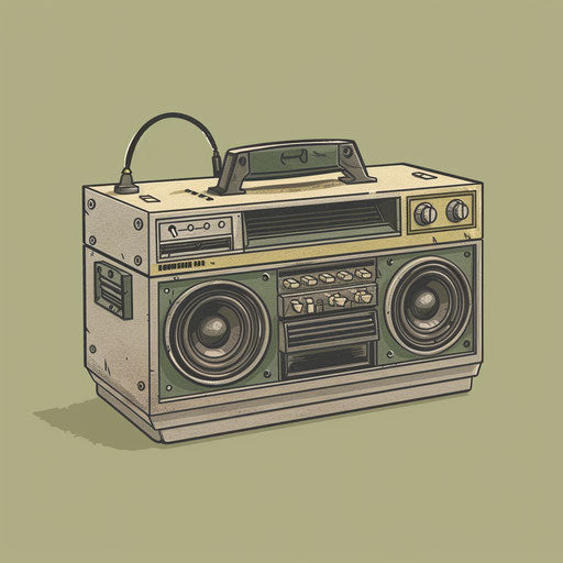 Realistic boombox clipart with muted olive background