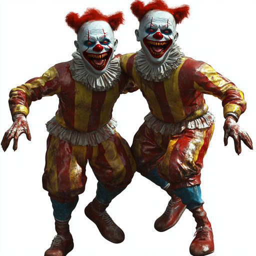 Spooky 3D Clowns in photo realistic style on flat white background
