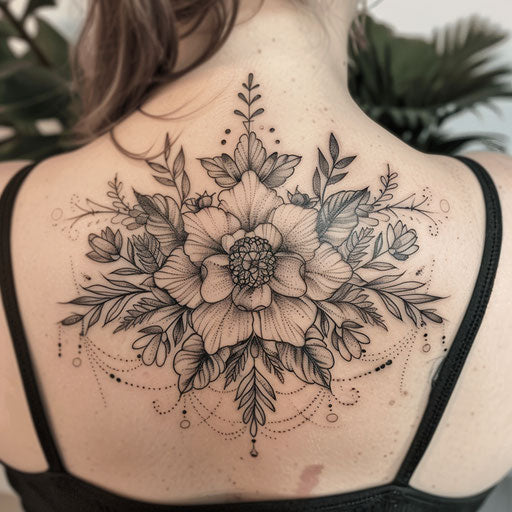 Elaborate mandala-style floral tattoo on white background