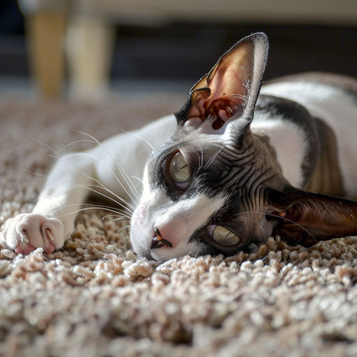 Cornish Rex cat lying on a carpet