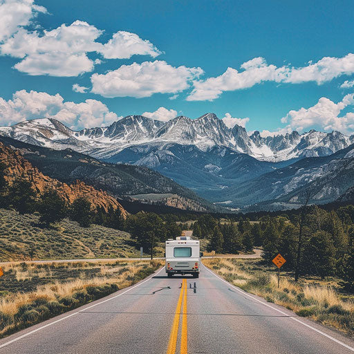 Modern RV driving on a road in the rocky mountains