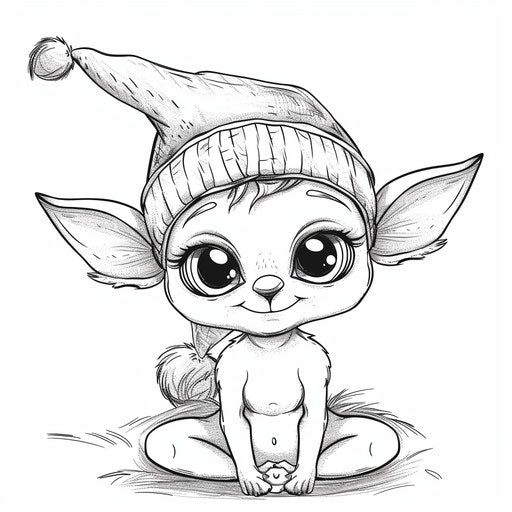 Cute baby elf with big eyes and a tiny hat