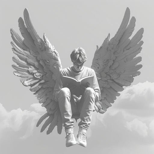 Reading book clipart with detailed wings on random flat background