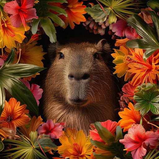 Capybara surrounded by colorful tropical flowers in the style of Simen Johan