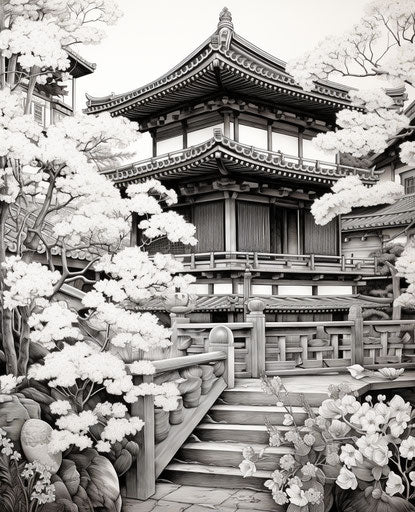 Japanese style building and flowers, mythological realism