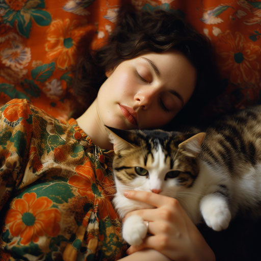 Calico cat sleeping on a couch with its owner