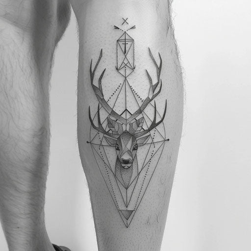 Intricate geometric deer tattoo on stark white canvas