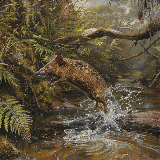 The northern brown bandicoot gracefully leaping over a small stream