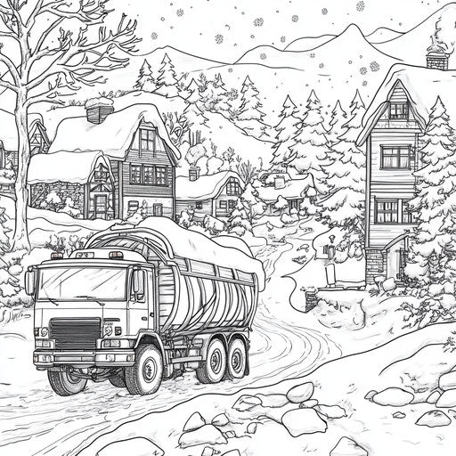 Garbage truck in a snowy village, Jan Brett style, Coloring page