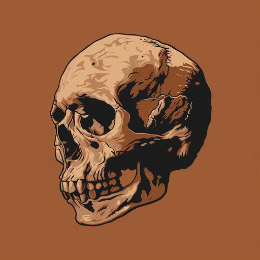 The skull of an extinct hominin, minimalist illustrator style, 2d game art, 1000–1400 ce, goosepunk, brown, poetcore, Halloween