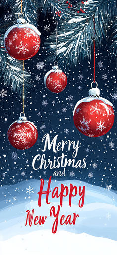 Starry night sky, red ornaments on snow-covered trees