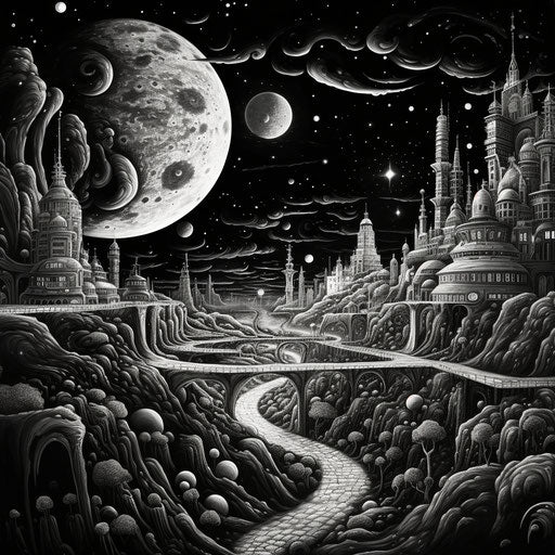 Colorful drawing on the landscape of a mysterious city