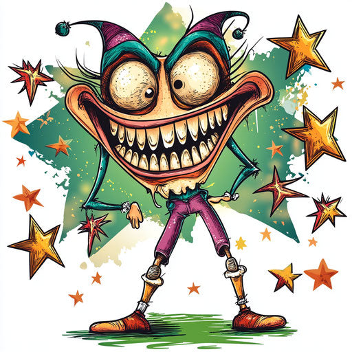 Humorous caricature of a merry christmas characters with exaggerated human features, big teeth, long legs, surrounded by stars, vibrant colors, cartoon style, winking, high-resolution, no background, isolated