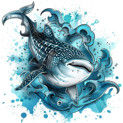 Energetic flat tattoo sketch of a whale shark with dynamic wave splashes and energetic movement