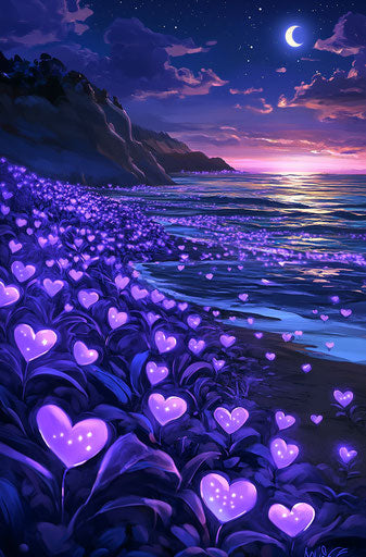 Glowing purple hearts on the beach at night