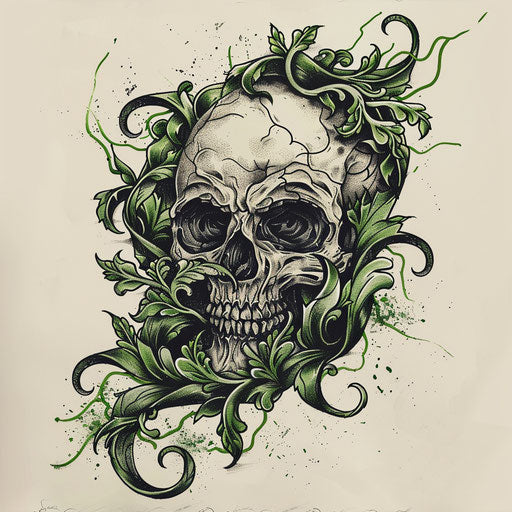 Creepy tattoo sketch of skull and crawling vines