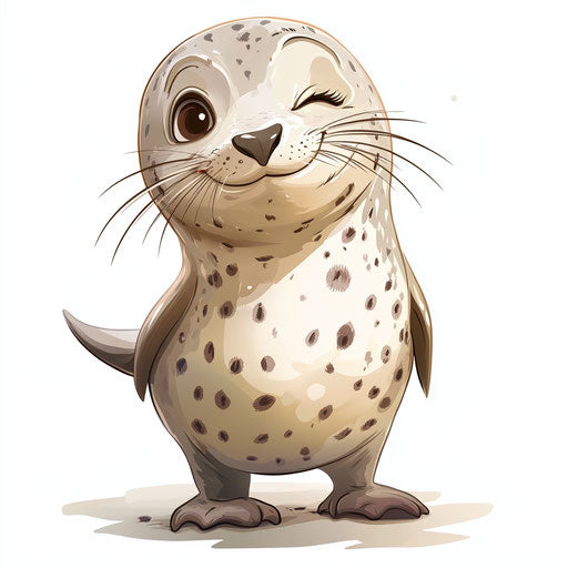 Humorous caricature of a seal clipart with human features, exaggerated thin lips, small feet, polka-dotted, vibrant colors, cartoon style, winking, high-resolution, isolated