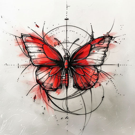 Elegant sketch of a red butterfly with soft pastel shades and abstract background