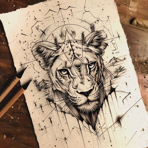 Rustic flat tattoo sketch of Bastet as a lioness in a natural desert setting