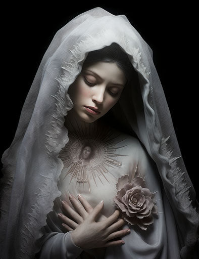 saint guadalupe tattoo, engraving style, light gray/silver