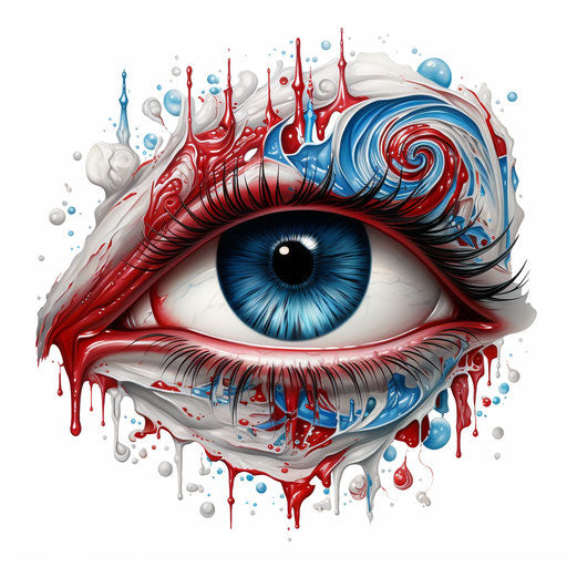Bright red and azure eyes on white background 8k 3d tattoo realism